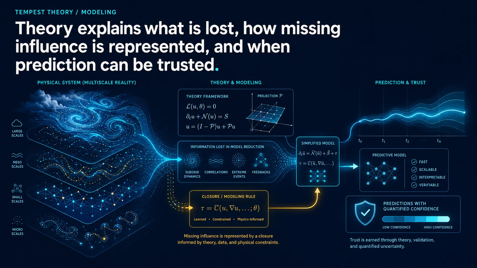 TEMPEST Theory and Modeling graphic that explains what is lost, how missing influence is represented, and when prediction can be trusted.
